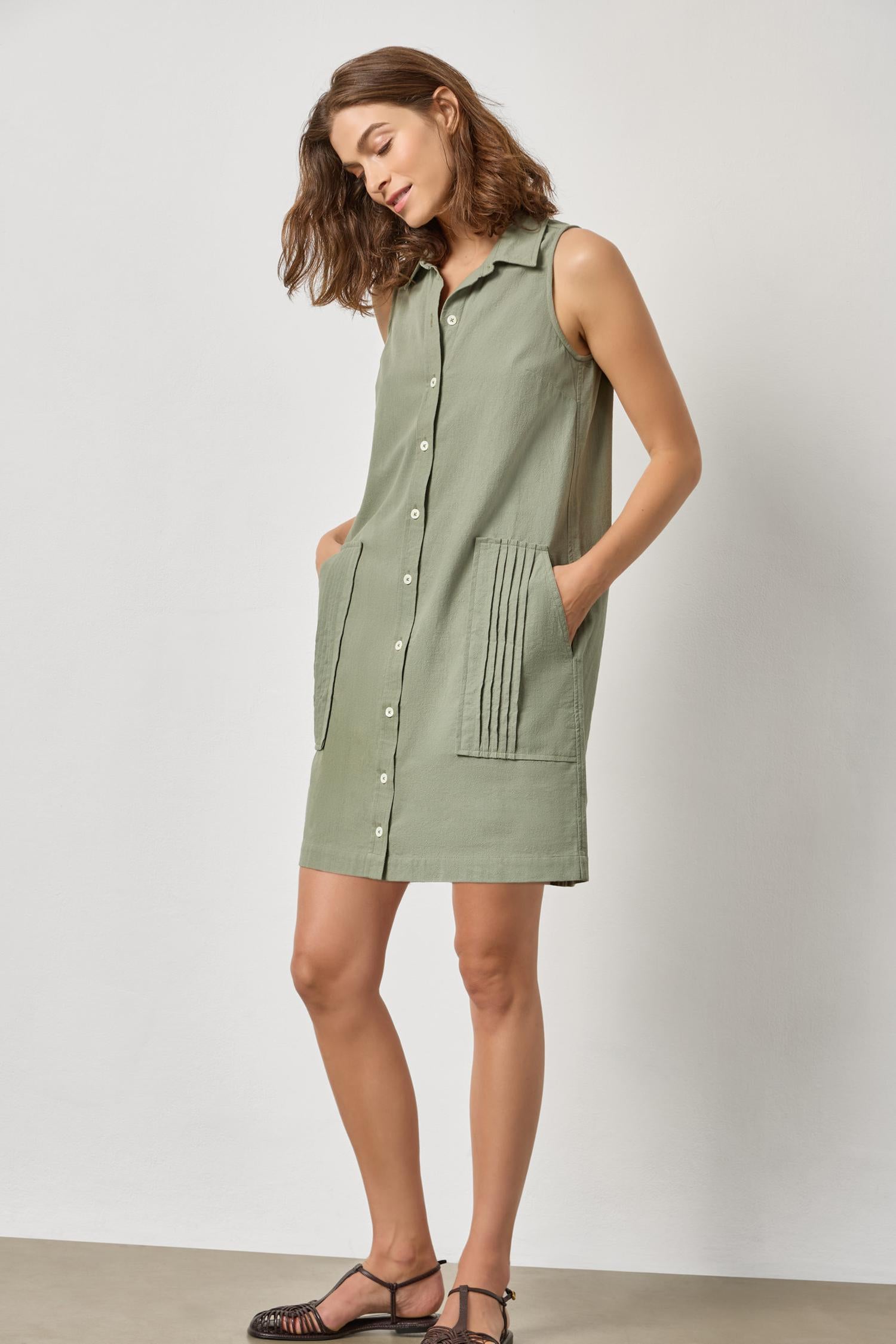 Sleeveless Pleat Pocket Dress : Sage