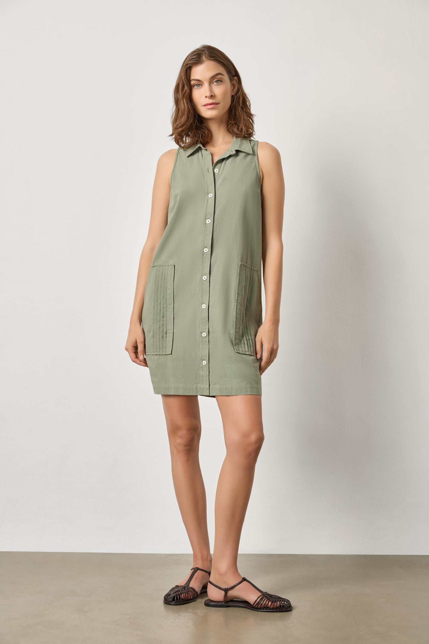 Sleeveless Pleat Pocket Dress : Sage