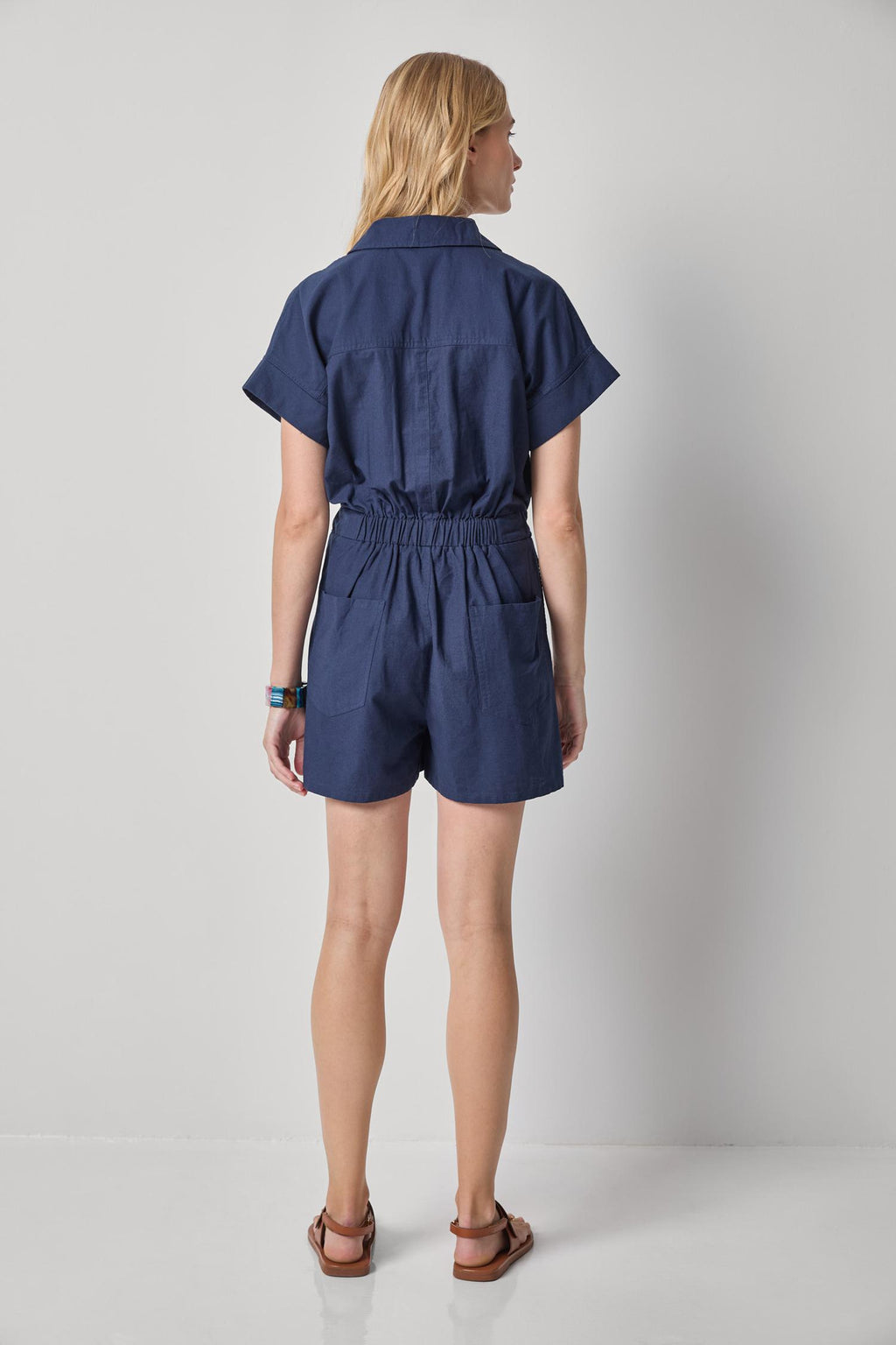 Linen Blend Romper in Navy