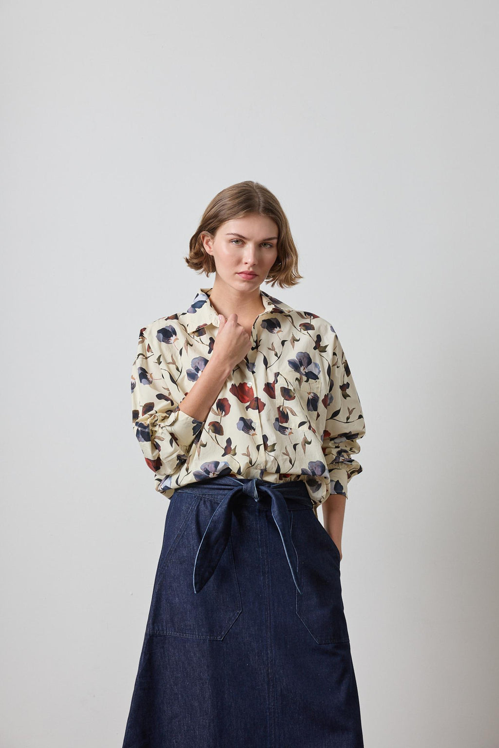 Dolman Sleeve Button Down Shirt : Blue Poppy Print