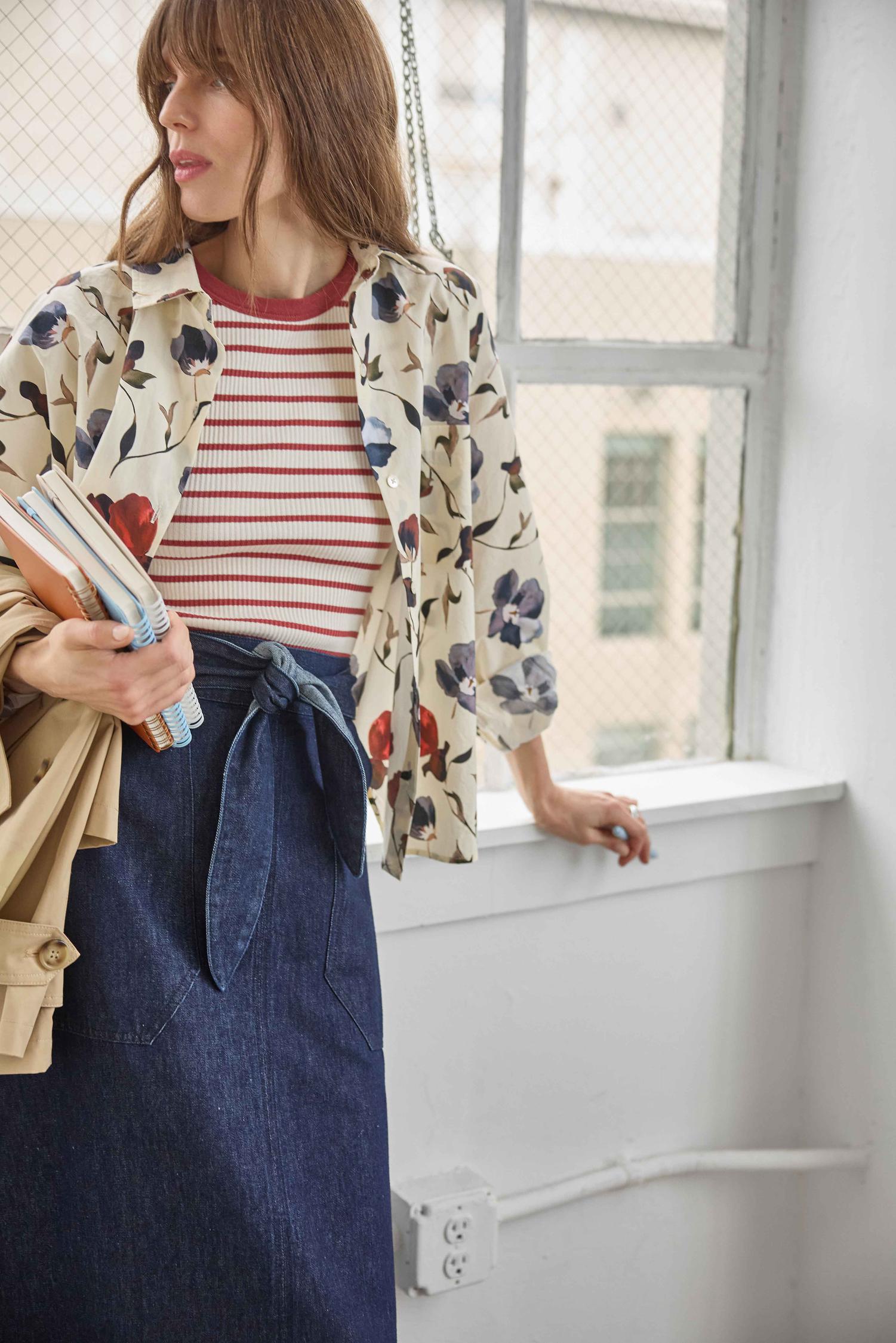 Dolman Sleeve Button Down Shirt : Blue Poppy Print