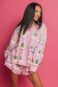 Pink & White Striped Mahjong Cotton Button Down Top