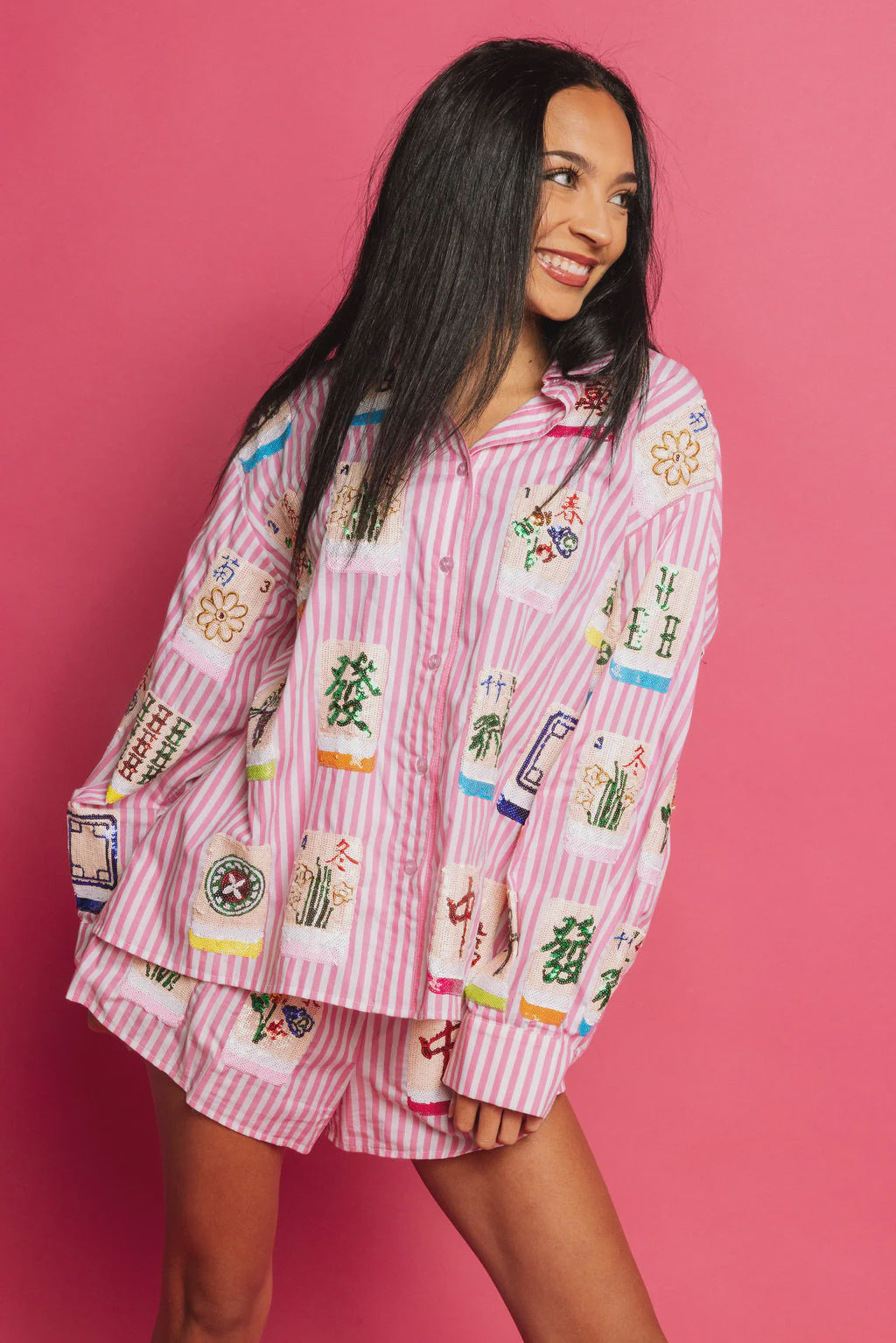 Pink & White Striped Mahjong Cotton Button Down Top