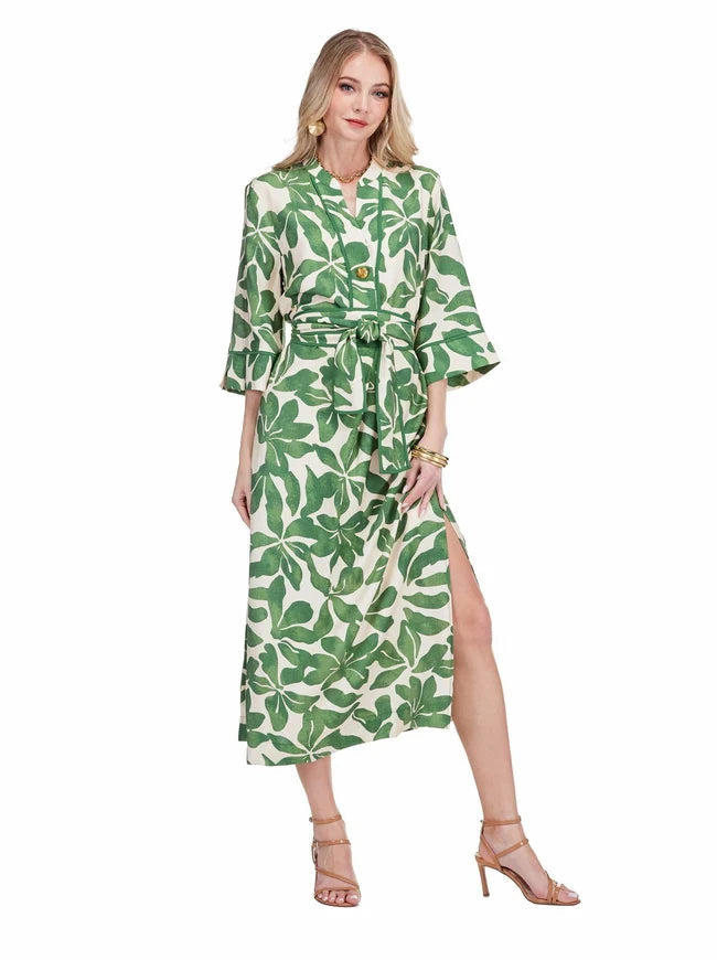Button Pleated Midi Dress Ivory Fern