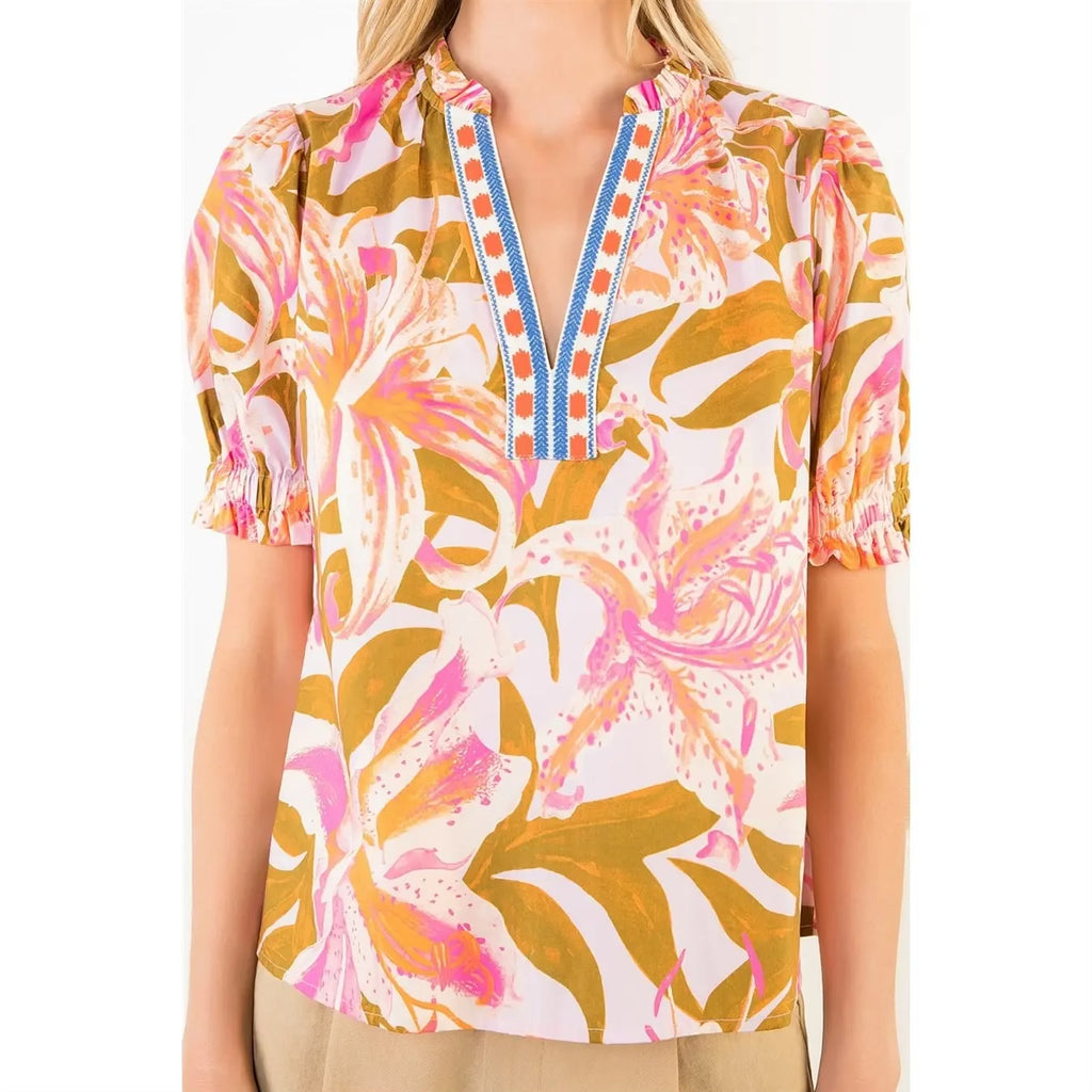 Ruffled Sleeve Floral V-Neck Top