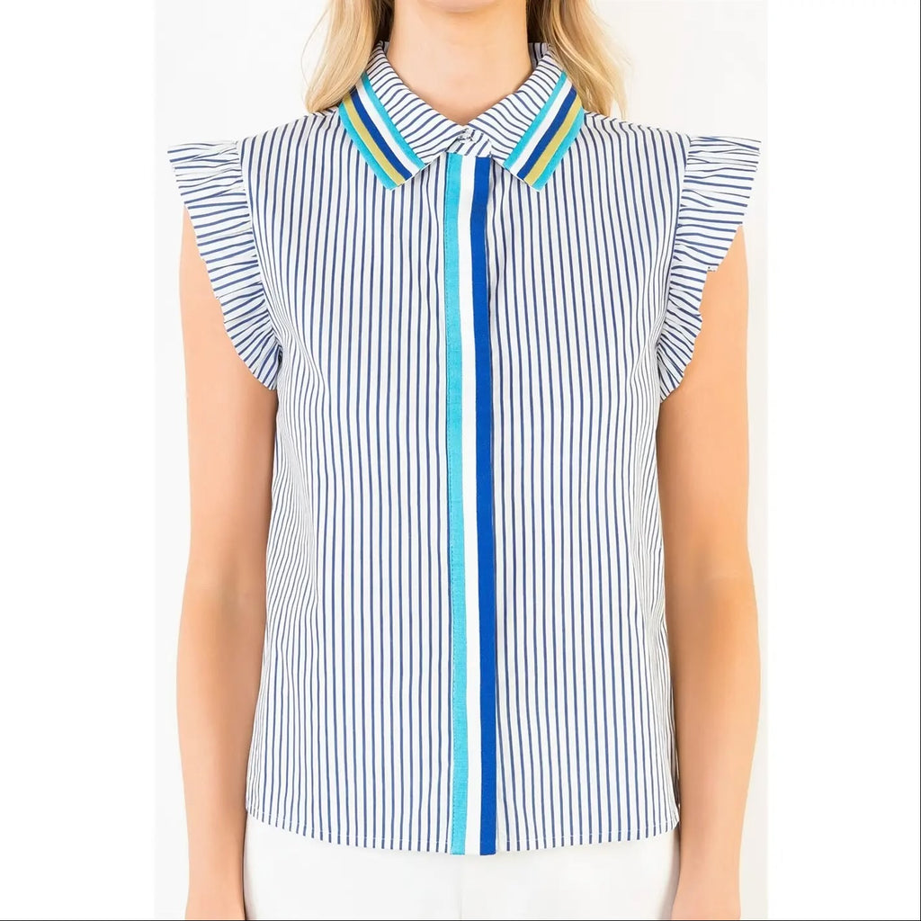 Ruffle Sleeve Striped Collared Top