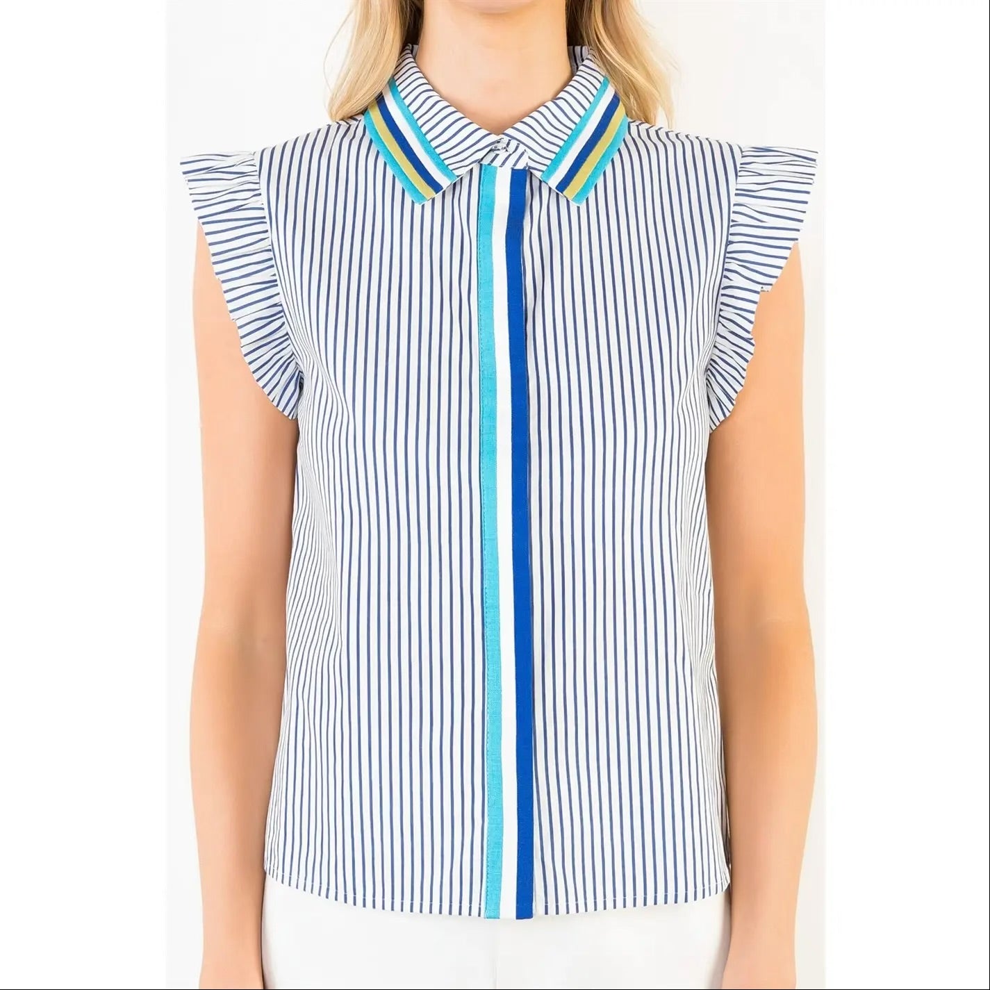 Ruffle Sleeve Striped Collared Top