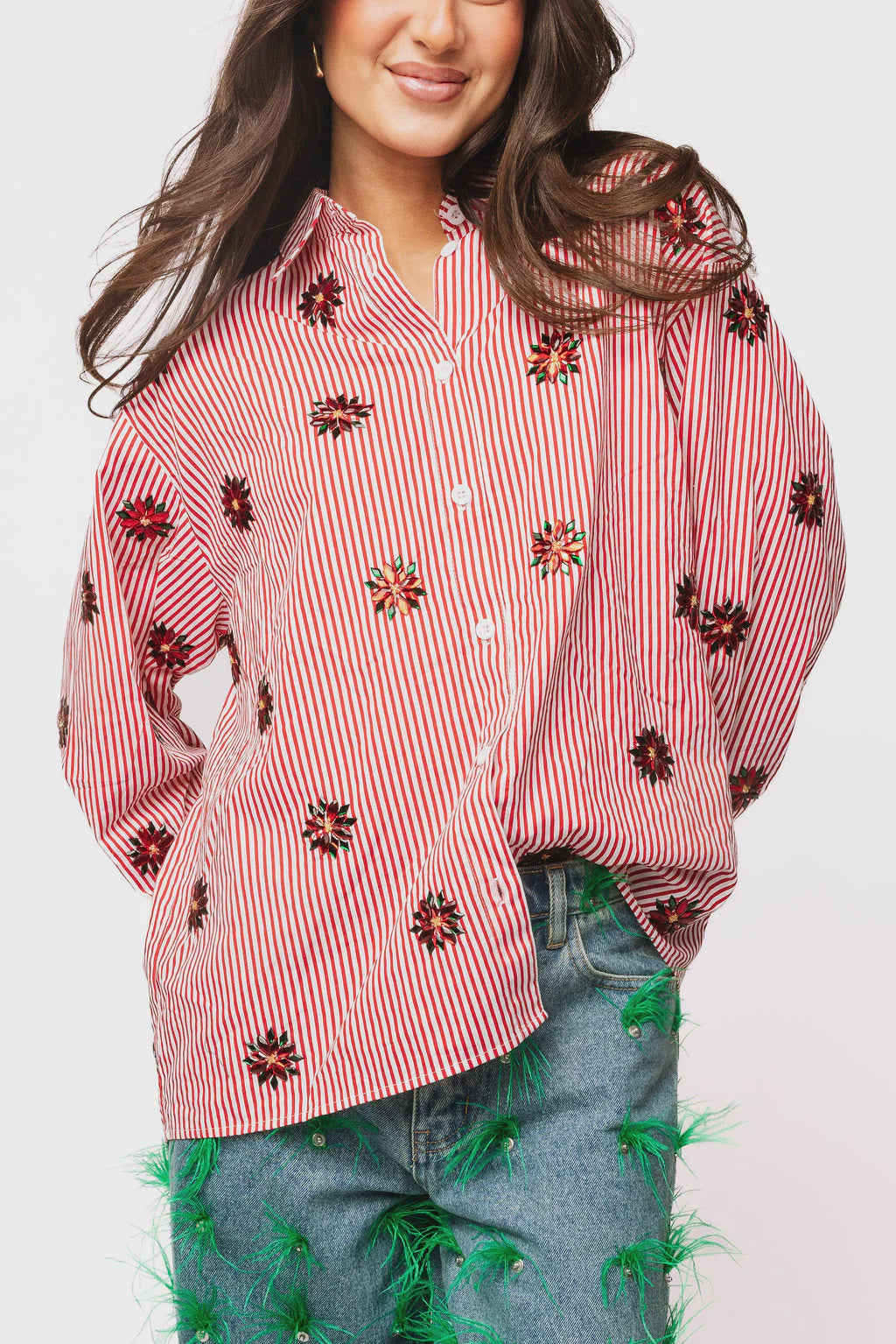 Jeweled Poinsettia Button Up
