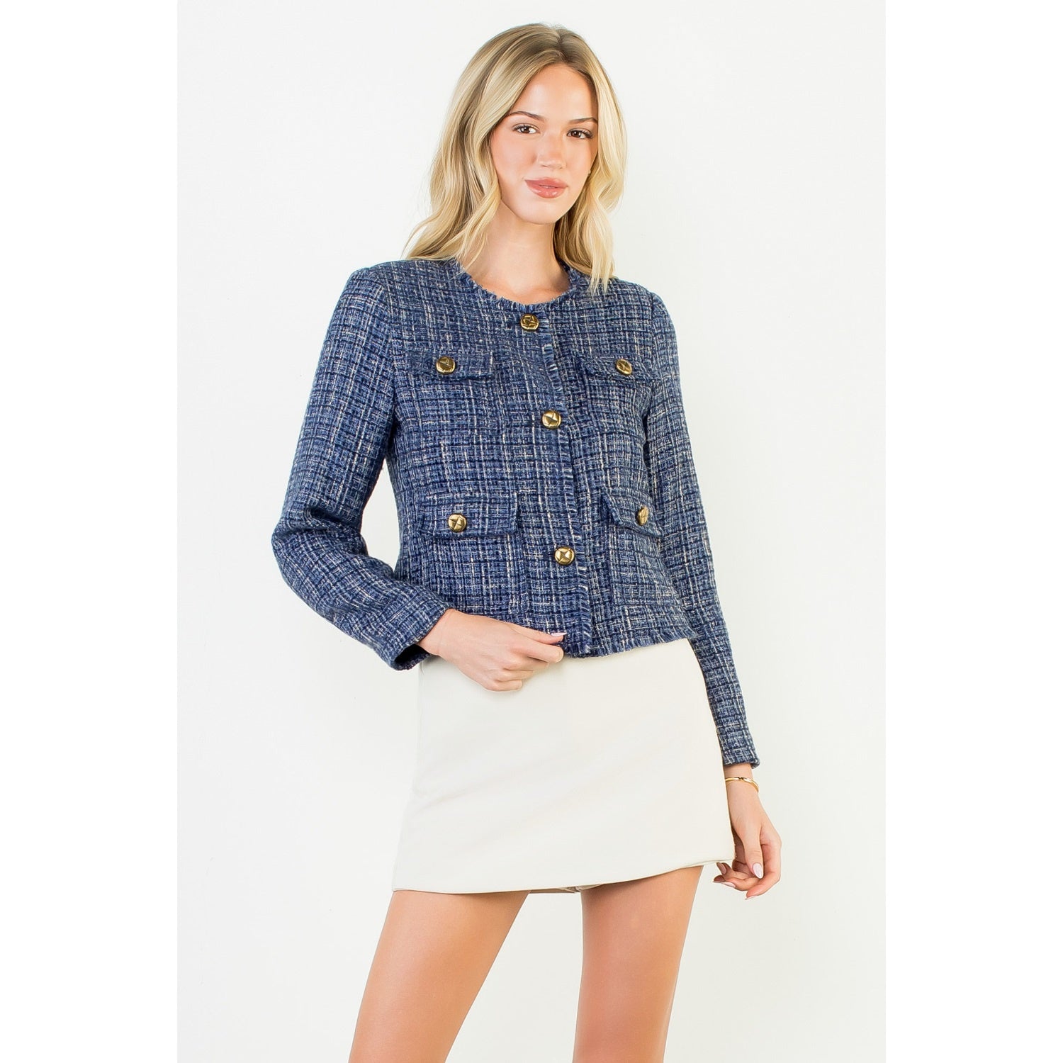 Fringe Hem Button up Tweed Jacket - Navy