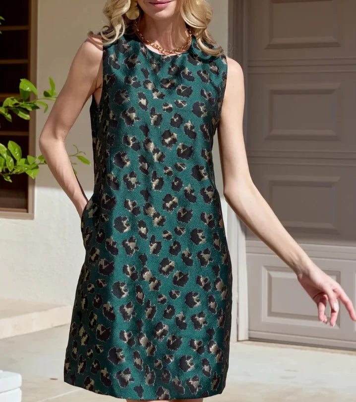 JADE Leopard Brocade Sleeveless Shift Dress