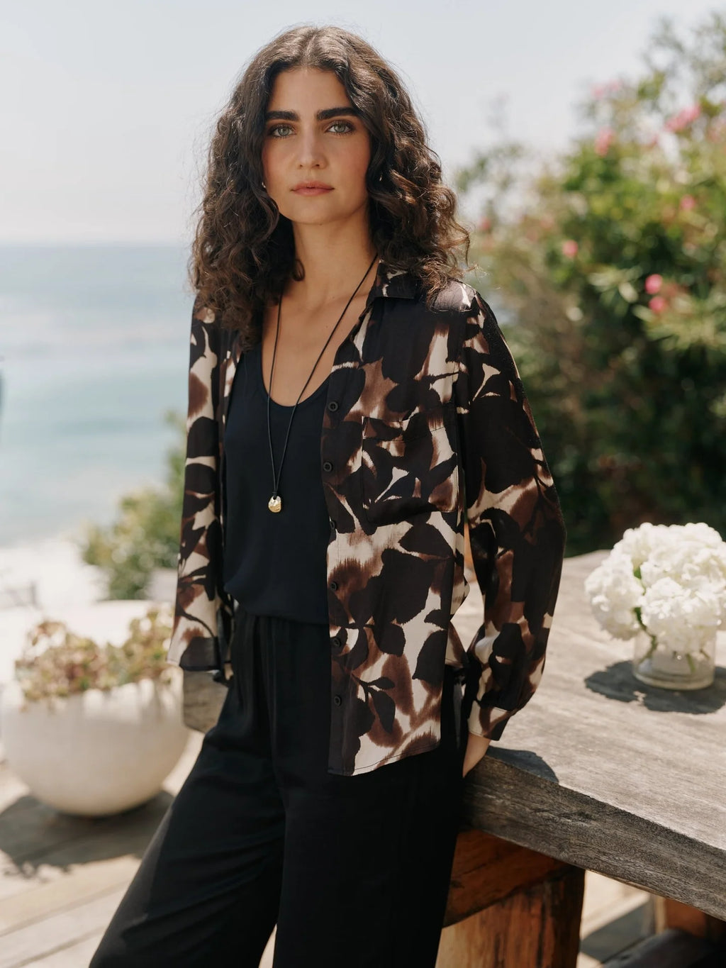 Bella Dahl Long Sleeve Round Hem Button Down - Shadow Floral Print