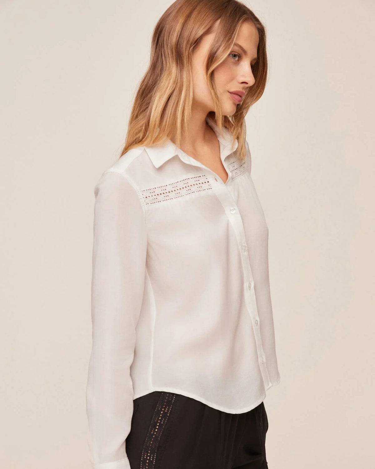 Long Sleeve Shirt with Lace Inset in Ivory