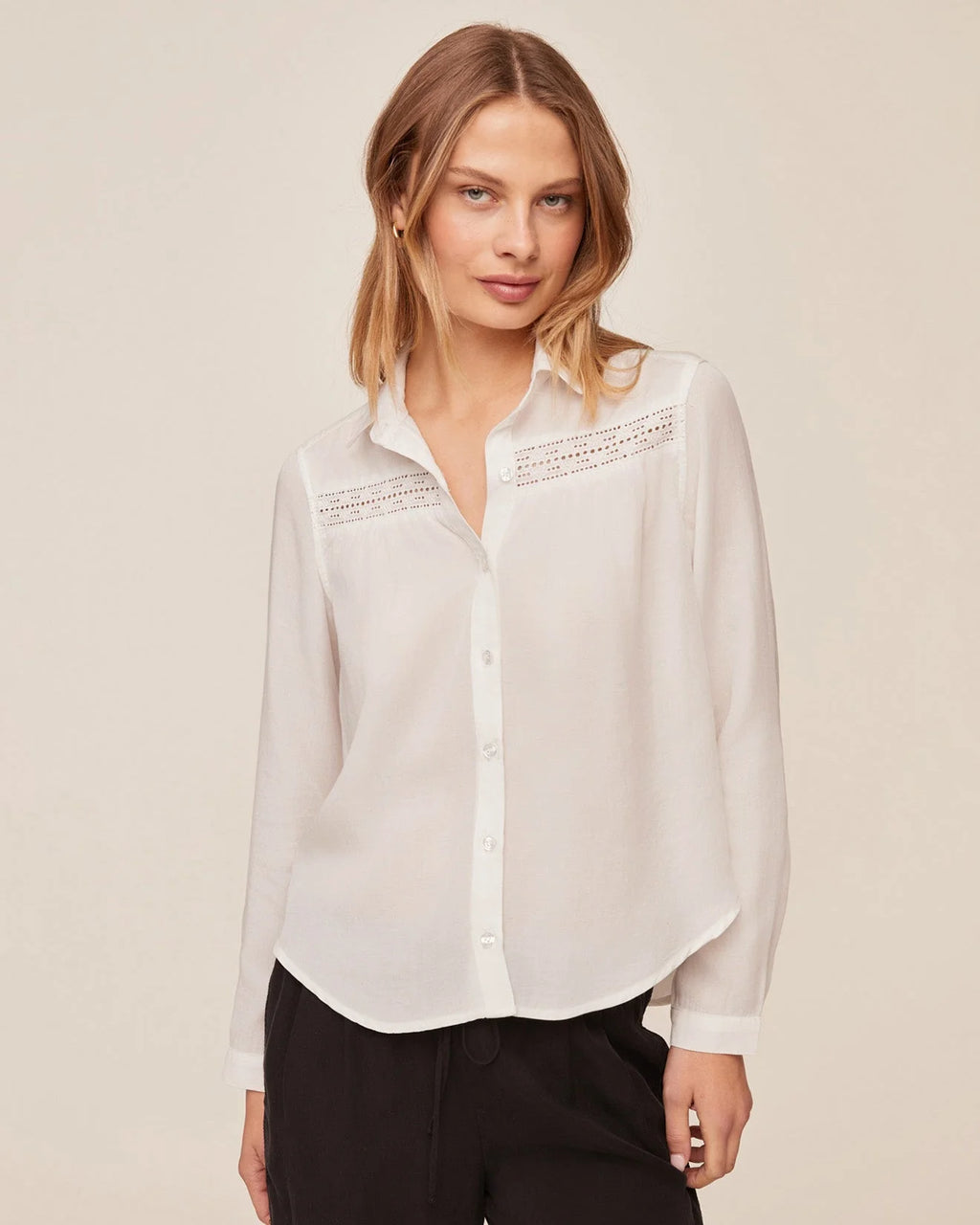 Long Sleeve Shirt with Lace Inset in Ivory