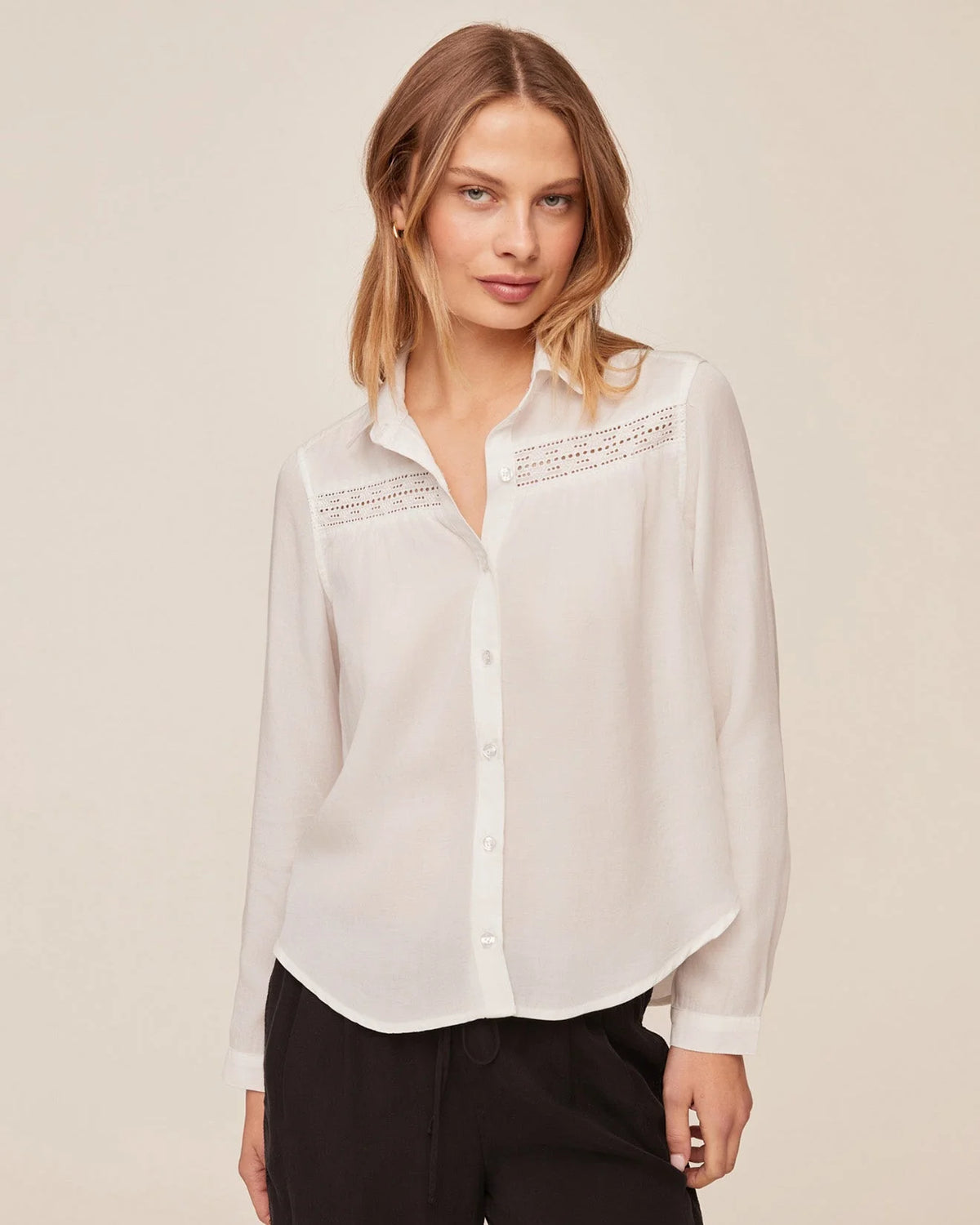 Long Sleeve Shirt with Lace Inset in Ivory