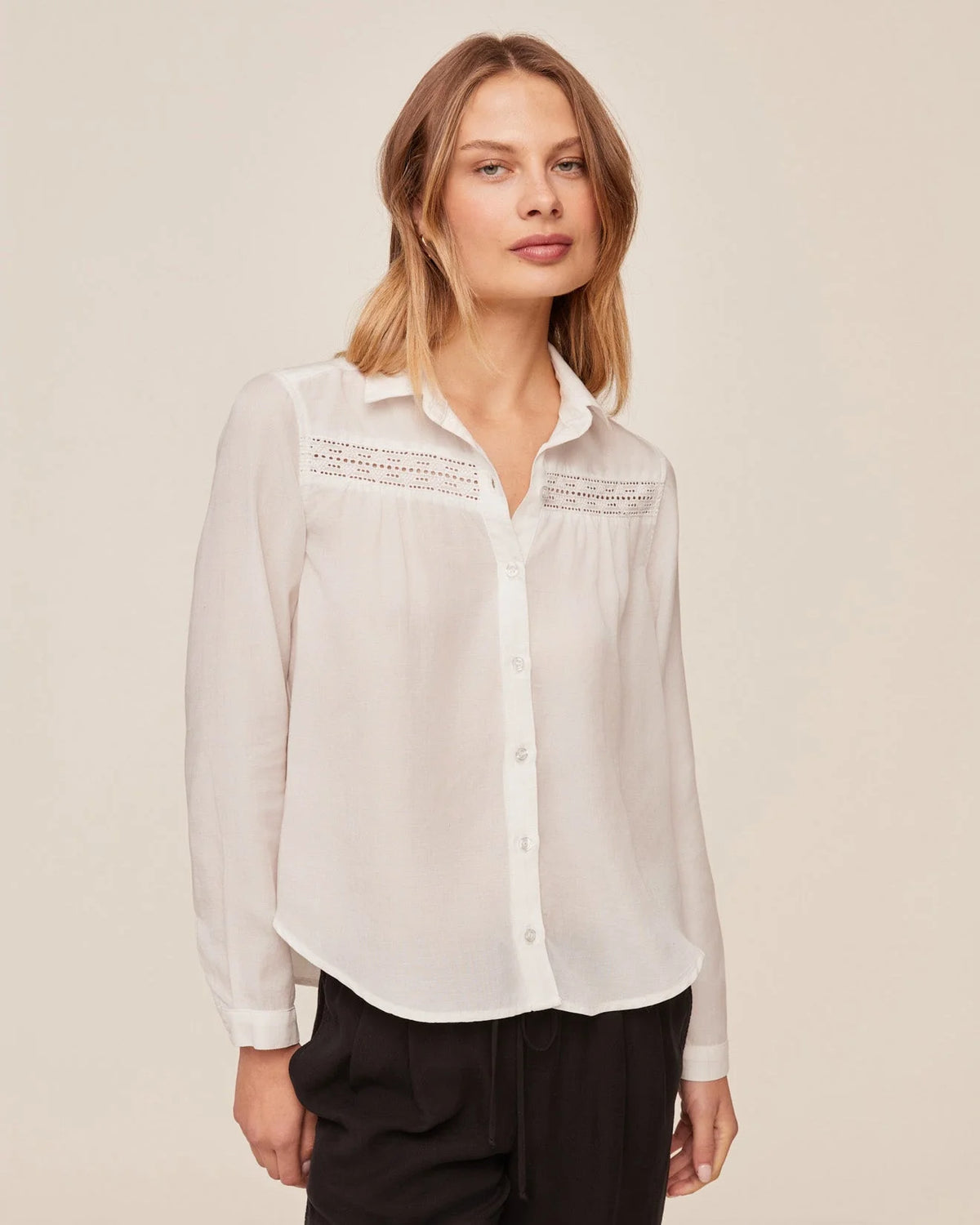 Long Sleeve Shirt with Lace Inset in Ivory