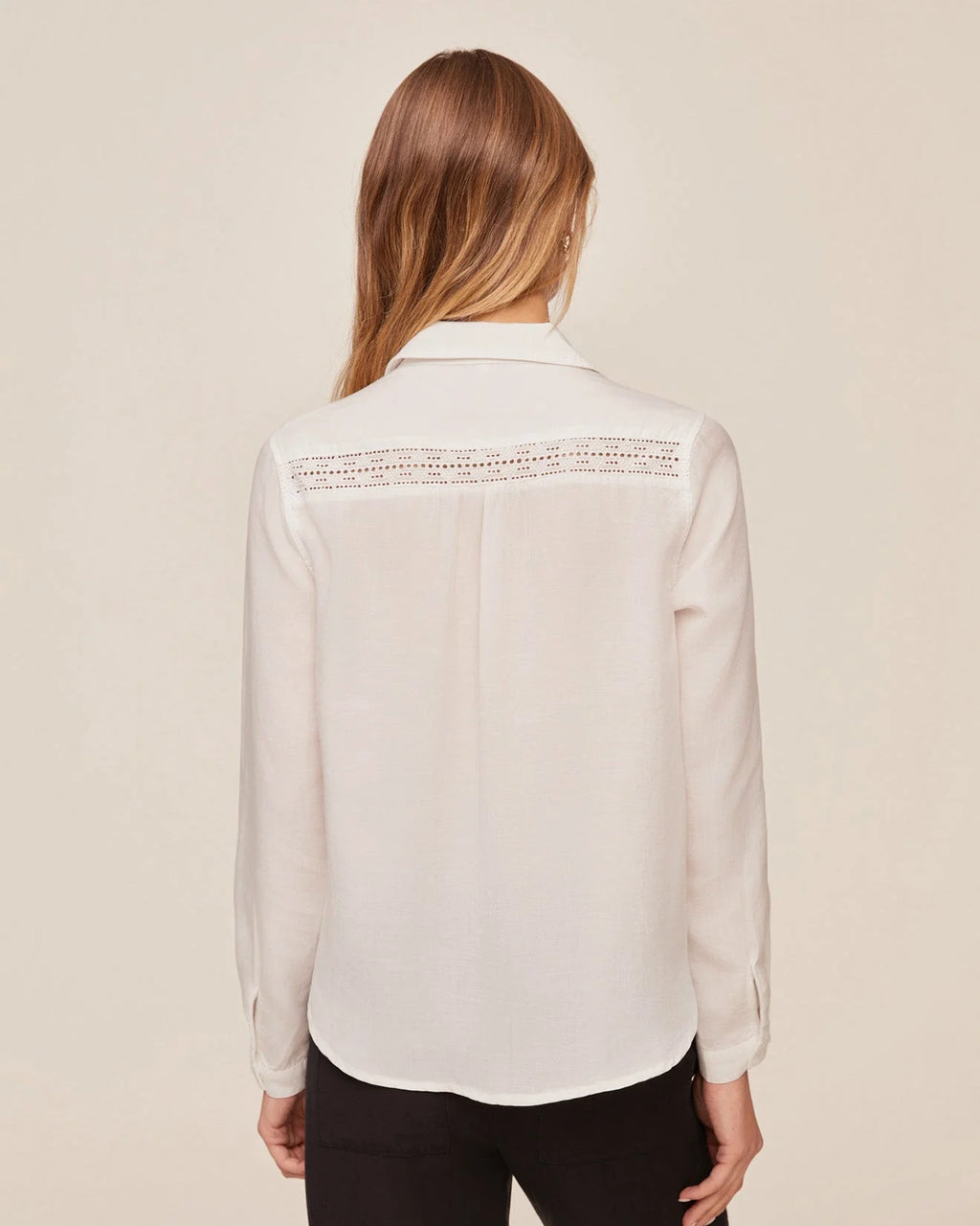 Long Sleeve Shirt with Lace Inset in Ivory