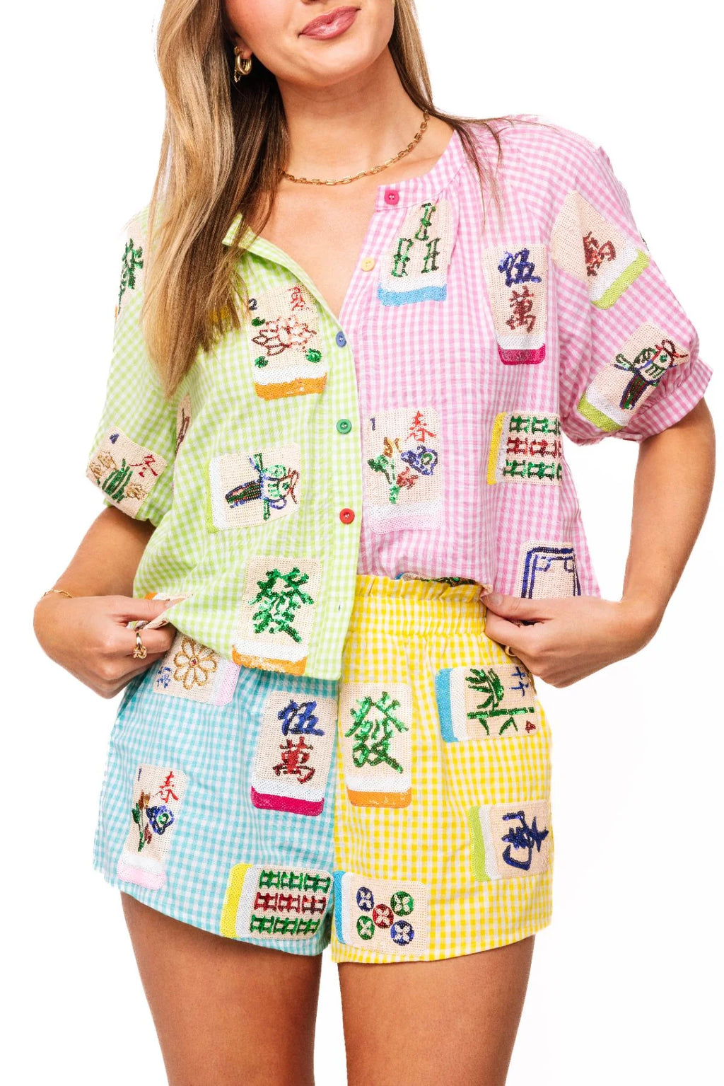 Gingham Mahjong Tile Button Up Top