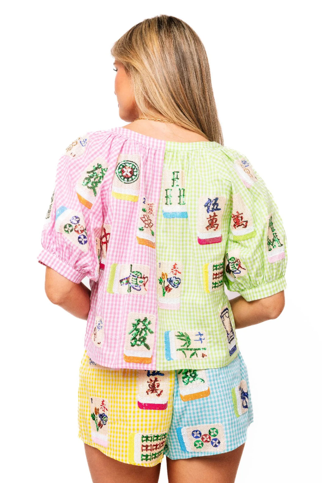 Gingham Mahjong Tile Button Up Top