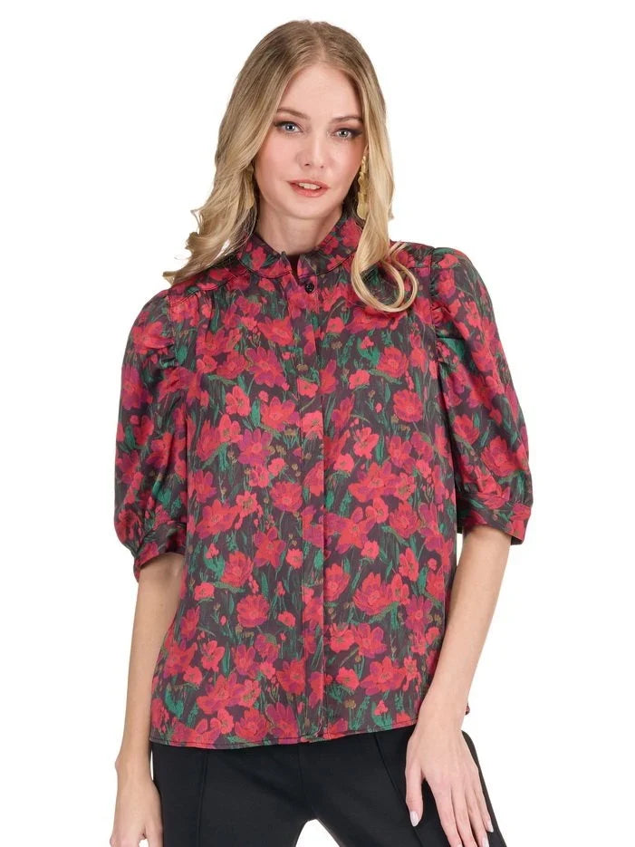 JADE Ruched Sleeve Shirt in Crimson Garden