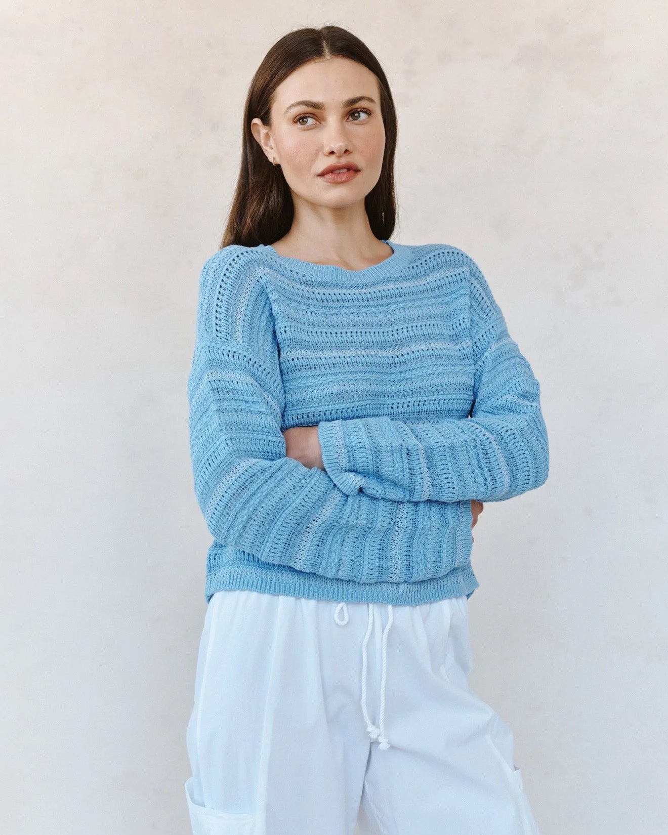 Textured Crew Neck Sweater Sea Breeze